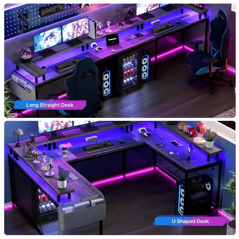 U Shaped Desk, 126 Inch Gaming Desk with Monitor Stand and LED Lights, Reversible Shaped Large Computer Desk with Power Outlets, Office Desk