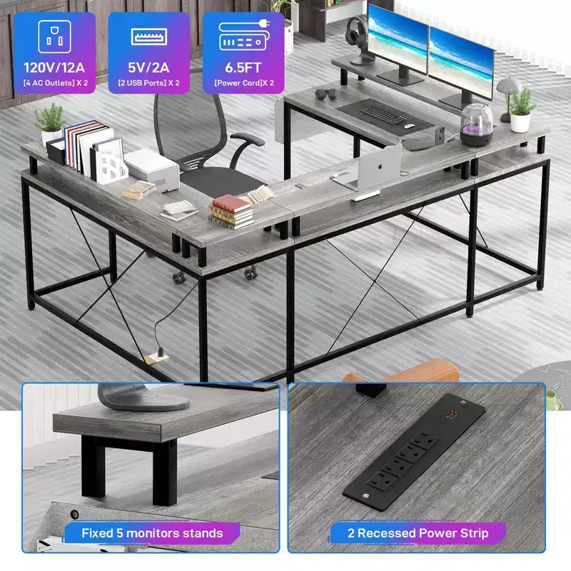 U Shaped Desk, 126 Inch Gaming Desk with Monitor Stand and LED Lights, Reversible Shaped Large Computer Desk with Power Outlets, Office Desk