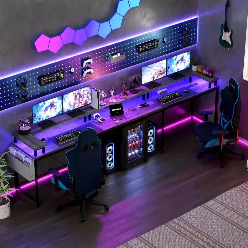 U Shaped Desk, 126 Inch Gaming Desk with Monitor Stand and LED Lights, Reversible Shaped Large Computer Desk with Power Outlets, Office Desk