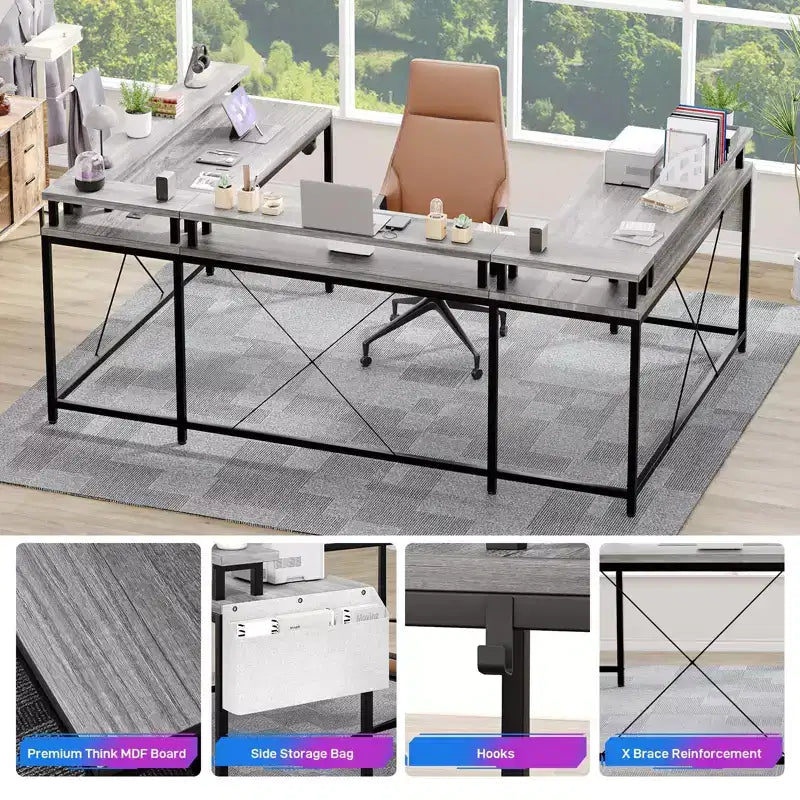 U Shaped Desk, 126 Inch Gaming Desk with Monitor Stand and LED Lights, Reversible Shaped Large Computer Desk with Power Outlets, Office Desk
