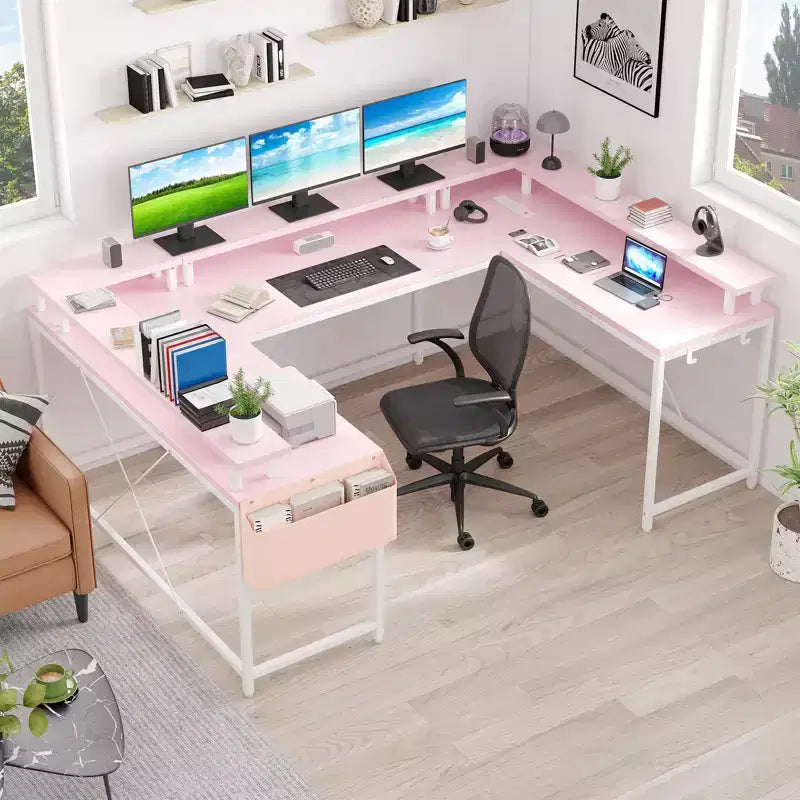 U Shaped Desk, 126 Inch Gaming Desk with Monitor Stand and LED Lights, Reversible Shaped Large Computer Desk with Power Outlets, Office Desk
