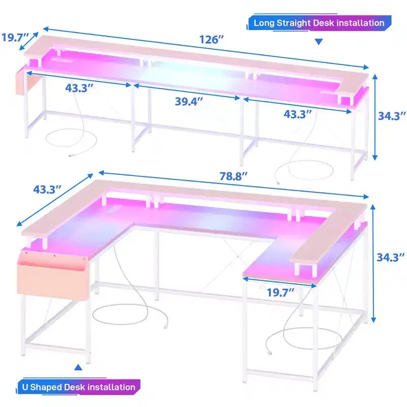 U Shaped Desk, 126 Inch Gaming Desk with Monitor Stand and LED Lights, Reversible Shaped Large Computer Desk with Power Outlets, Office Desk
