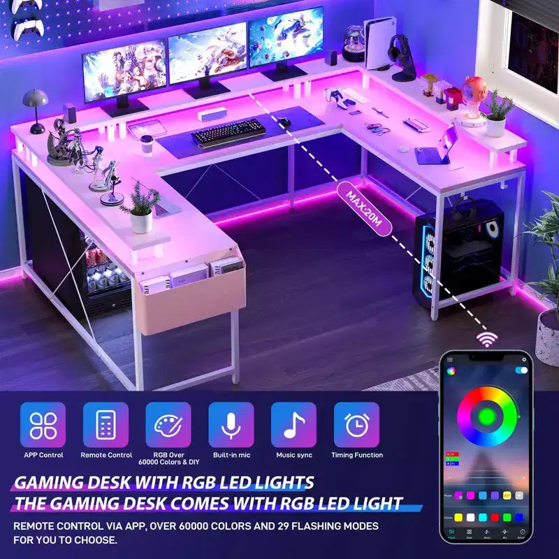 U Shaped Desk, 126 Inch Gaming Desk with Monitor Stand and LED Lights, Reversible Shaped Large Computer Desk with Power Outlets, Office Desk