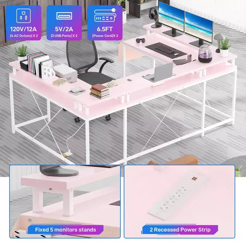 U Shaped Desk, 126 Inch Gaming Desk with Monitor Stand and LED Lights, Reversible Shaped Large Computer Desk with Power Outlets, Office Desk