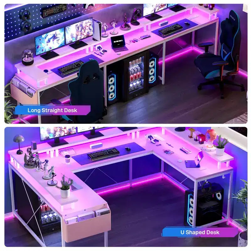 U Shaped Desk, 126 Inch Gaming Desk with Monitor Stand and LED Lights, Reversible Shaped Large Computer Desk with Power Outlets, Office Desk