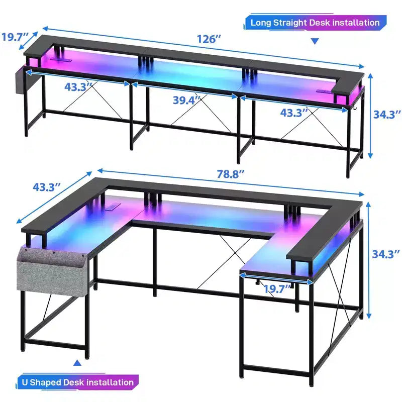 U Shaped Desk, 126 Inch Gaming Desk with Monitor Stand and LED Lights, Reversible Shaped Large Computer Desk with Power Outlets, Office Desk