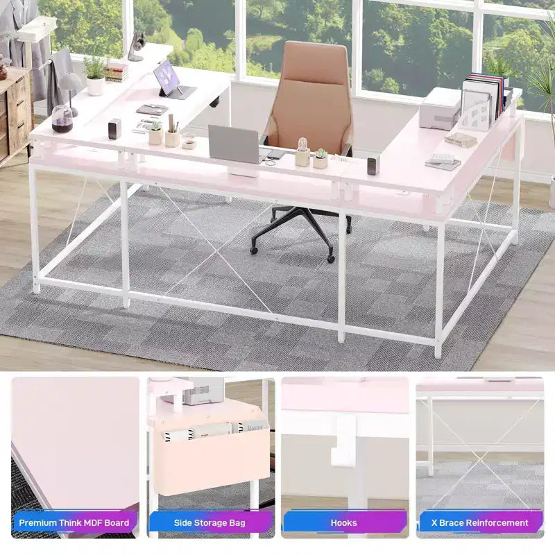 U Shaped Desk, 126 Inch Gaming Desk with Monitor Stand and LED Lights, Reversible Shaped Large Computer Desk with Power Outlets, Office Desk