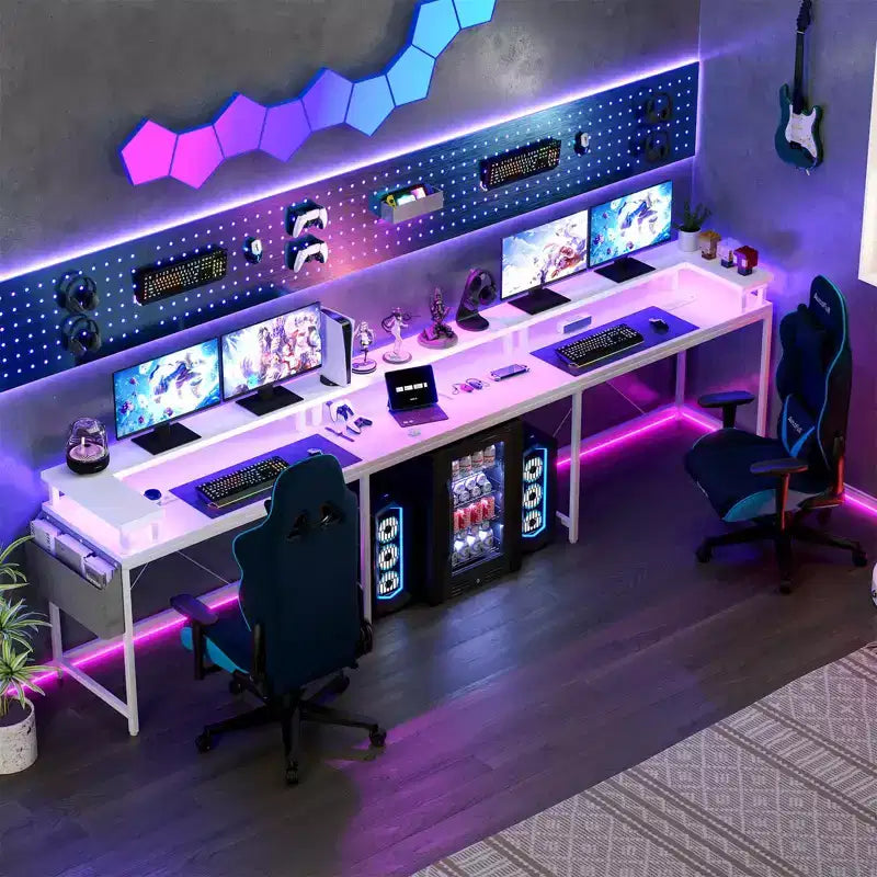 U Shaped Desk, 126 Inch Gaming Desk with Monitor Stand and LED Lights, Reversible Shaped Large Computer Desk with Power Outlets, Office Desk