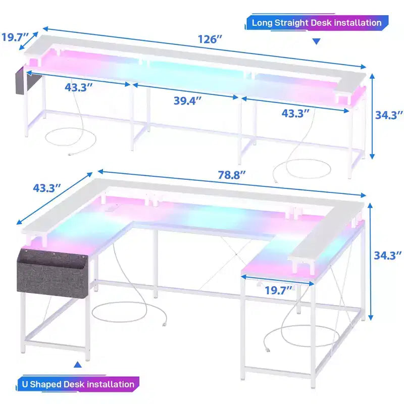 U Shaped Desk, 126 Inch Gaming Desk with Monitor Stand and LED Lights, Reversible Shaped Large Computer Desk with Power Outlets, Office Desk