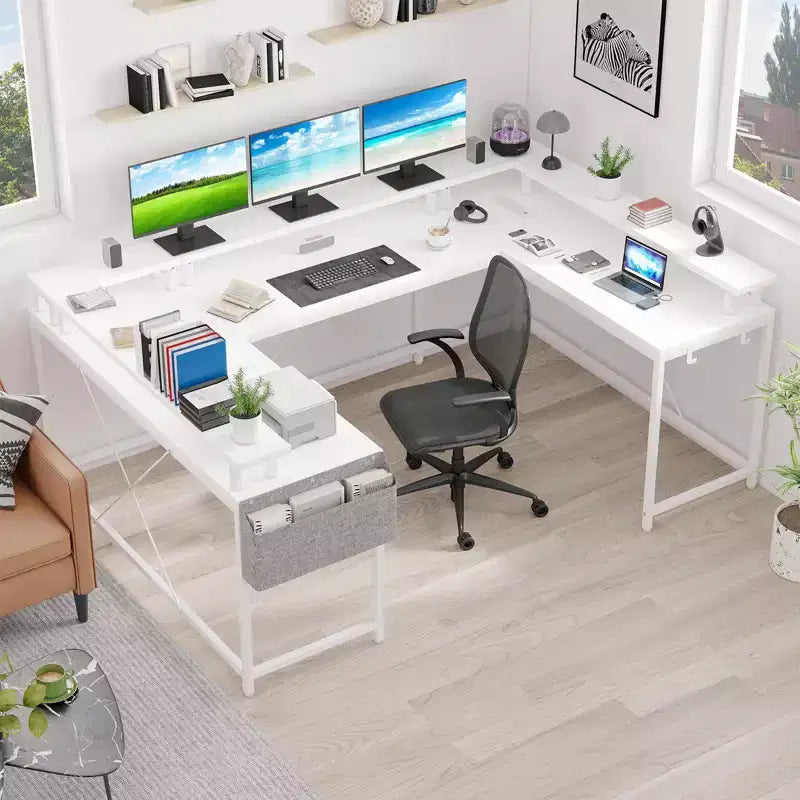 U Shaped Desk, 126 Inch Gaming Desk with Monitor Stand and LED Lights, Reversible Shaped Large Computer Desk with Power Outlets, Office Desk