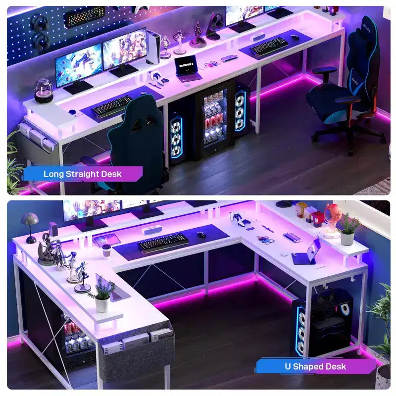 U Shaped Desk, 126 Inch Gaming Desk with Monitor Stand and LED Lights, Reversible Shaped Large Computer Desk with Power Outlets, Office Desk