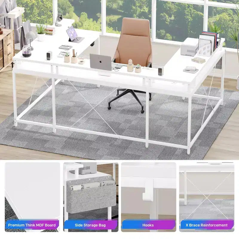 U Shaped Desk, 126 Inch Gaming Desk with Monitor Stand and LED Lights, Reversible Shaped Large Computer Desk with Power Outlets, Office Desk
