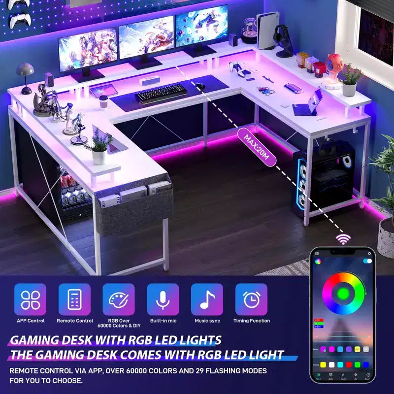 U Shaped Desk, 126 Inch Gaming Desk with Monitor Stand and LED Lights, Reversible Shaped Large Computer Desk with Power Outlets, Office Desk