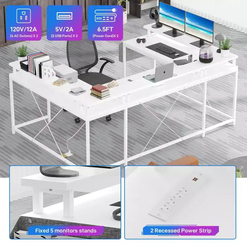 U Shaped Desk, 126 Inch Gaming Desk with Monitor Stand and LED Lights, Reversible Shaped Large Computer Desk with Power Outlets, Office Desk