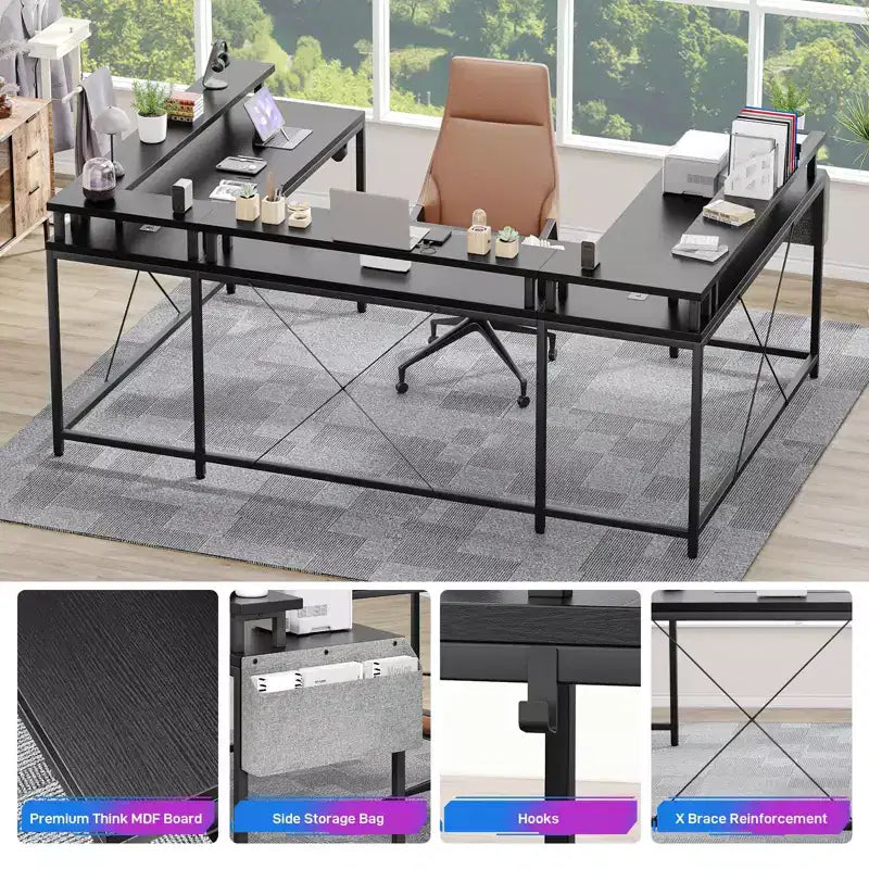 U Shaped Desk, 126 Inch Gaming Desk with Monitor Stand and LED Lights, Reversible Shaped Large Computer Desk with Power Outlets, Office Desk