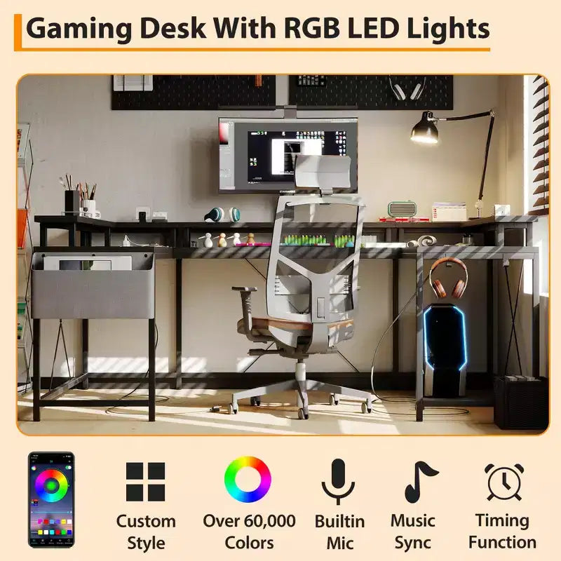 U Shaped Desk, 126 Inch Gaming Desk with Monitor Stand and LED Lights, Reversible Shaped Large Computer Desk with Power Outlets, Office Desk