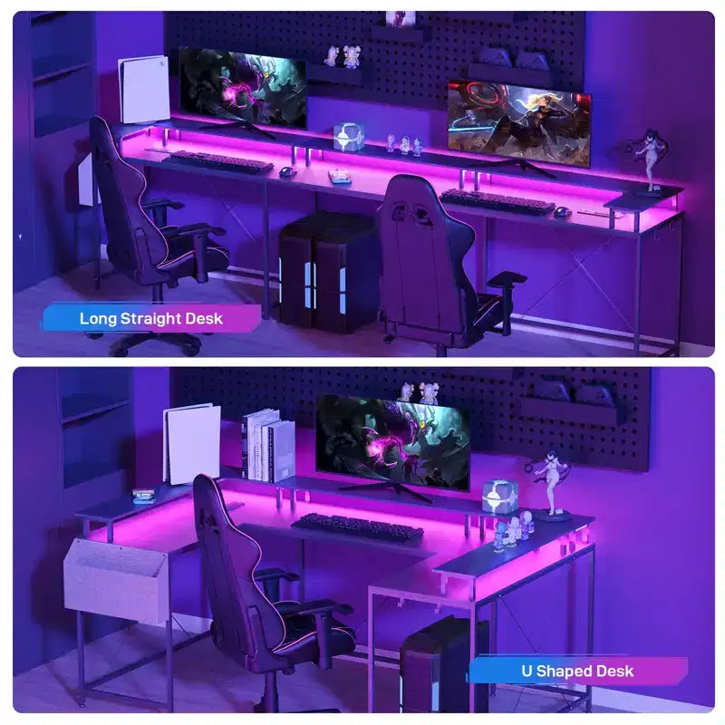 U Shaped Desk, 126 Inch Gaming Desk with Monitor Stand and LED Lights, Reversible Shaped Large Computer Desk with Power Outlets, Office Desk