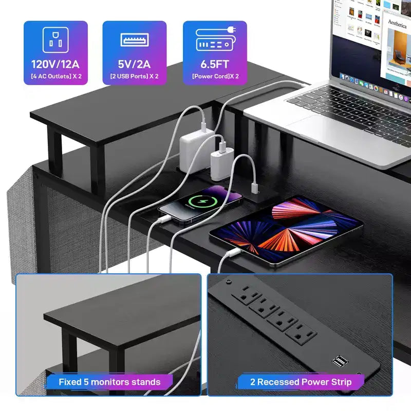 U Shaped Desk, 126 Inch Gaming Desk with Monitor Stand and LED Lights, Reversible Shaped Large Computer Desk with Power Outlets, Office Desk