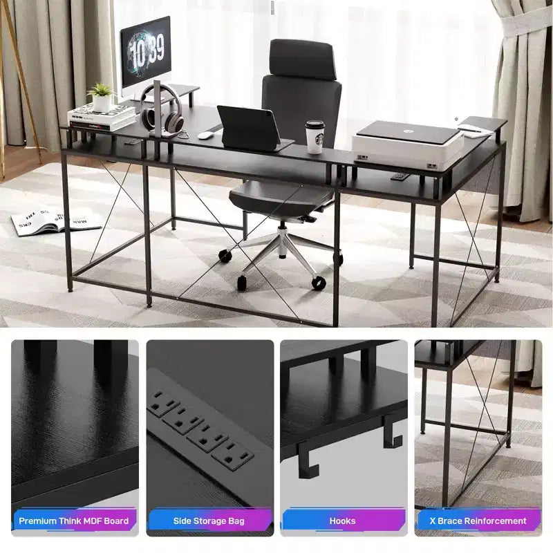 U Shaped Desk, 126 Inch Gaming Desk with Monitor Stand and LED Lights, Reversible Shaped Large Computer Desk with Power Outlets, Office Desk