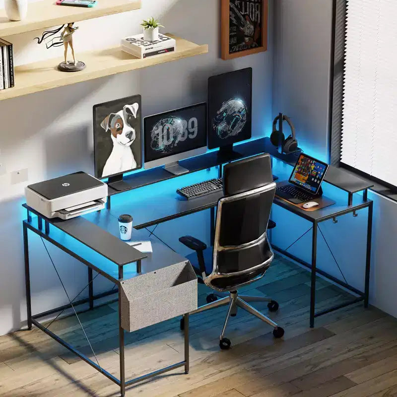 U Shaped Desk, 126 Inch Gaming Desk with Monitor Stand and LED Lights, Reversible Shaped Large Computer Desk with Power Outlets, Office Desk
