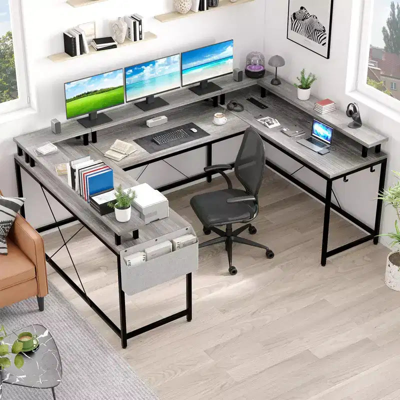 U Shaped Desk, 126 Inch Gaming Desk with Monitor Stand and LED Lights, Reversible Shaped Large Computer Desk with Power Outlets, Office Desk