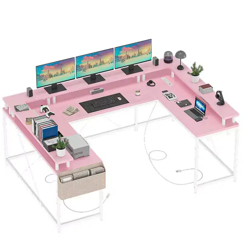 U Shaped Desk, 126 Inch Gaming Desk with Monitor Stand and LED Lights, Reversible Shaped Large Computer Desk with Power Outlets, Office Desk