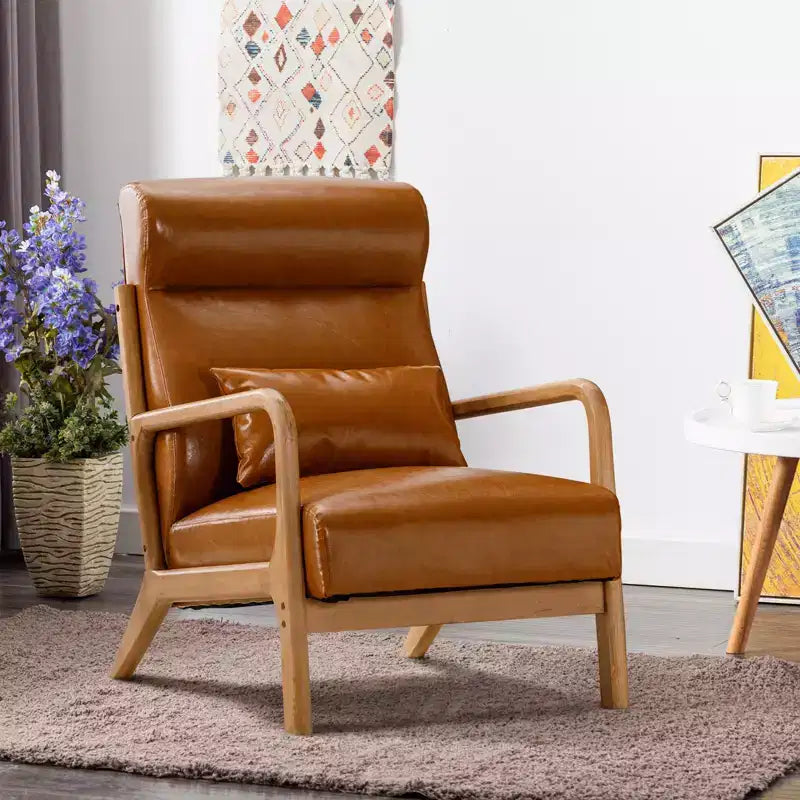 Bestier Mid-Century Accent Chair Set of 2 with Wood Frame, PU Leather Living Room Chair with Pillow & Waist Cushion, Reading Armchair for Bedroom