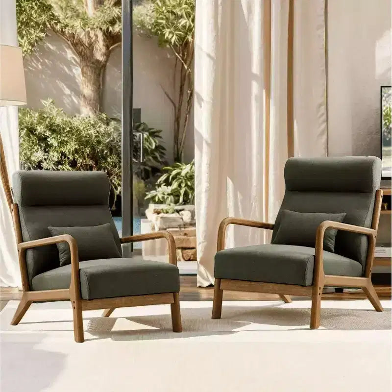Bestier Mid-Century Accent Chair Set of 2 with Wood Frame, PU Leather Living Room Chair with Pillow & Waist Cushion, Reading Armchair for Bedroom