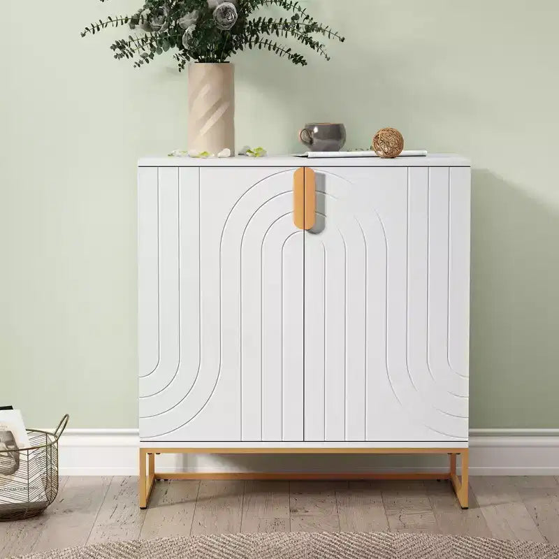 Wood Grain 2-Door Cabinet with Gold Metal Legs for Living Room Entryway Kitchen, White