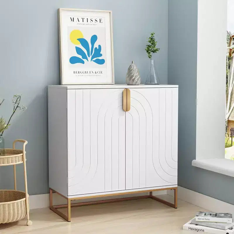 Wood Grain 2-Door Cabinet with Gold Metal Legs for Living Room Entryway Kitchen, White
