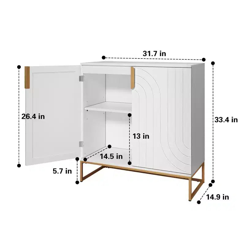 Wood Grain 2-Door Cabinet with Gold Metal Legs for Living Room Entryway Kitchen, White