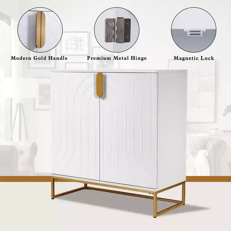 Wood Grain 2-Door Cabinet with Gold Metal Legs for Living Room Entryway Kitchen, White