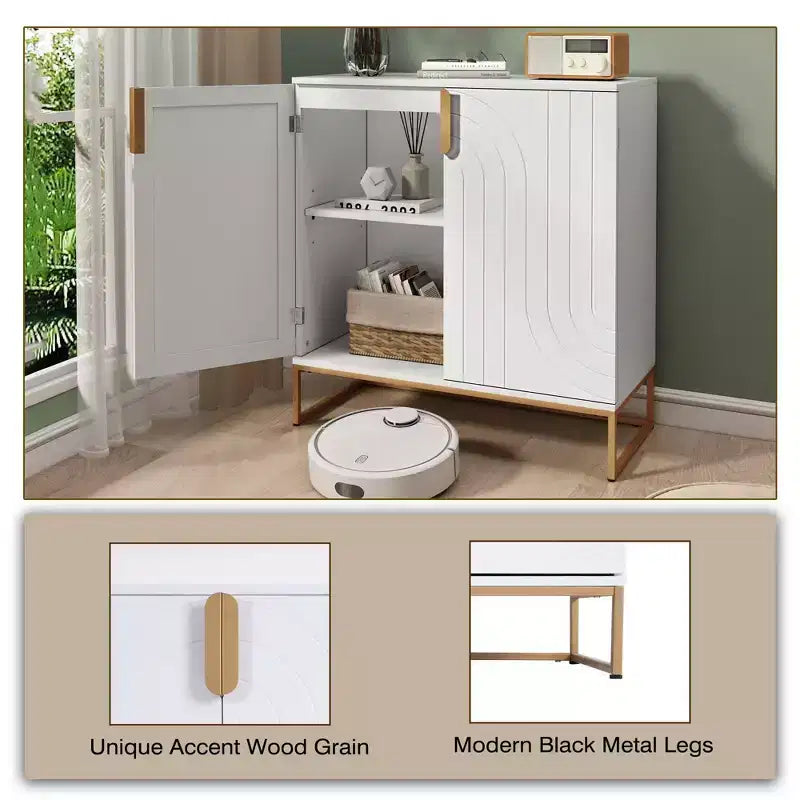Wood Grain 2-Door Cabinet with Gold Metal Legs for Living Room Entryway Kitchen, White