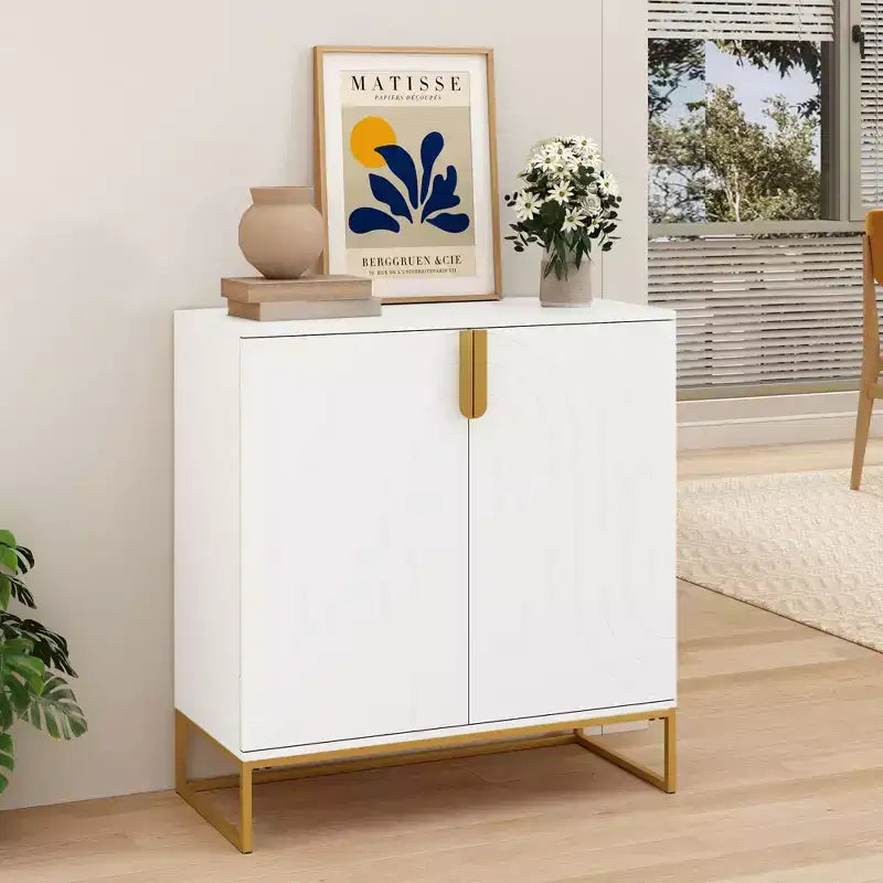 Wood Grain 2-Door Cabinet with Gold Metal Legs for Living Room Entryway Kitchen, White