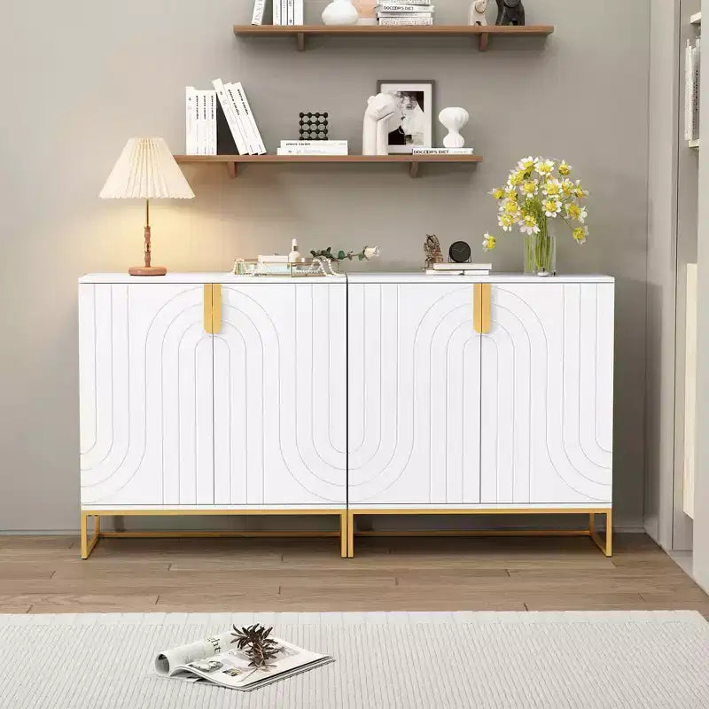 Wood Grain 2-Door Cabinet with Gold Metal Legs for Living Room Entryway Kitchen, White