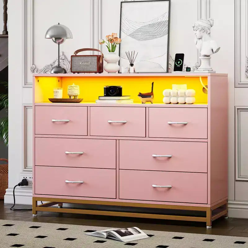 Dresser for bedroom, Modern Dresser w/LED Lights & Charging Station, 7 Long Drawers Dressers, Wide Fabric Chest of Drawers for Living Room