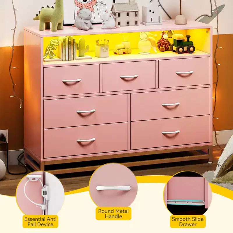 Dresser for bedroom, Modern Dresser w/LED Lights & Charging Station, 7 Long Drawers Dressers, Wide Fabric Chest of Drawers for Living Room