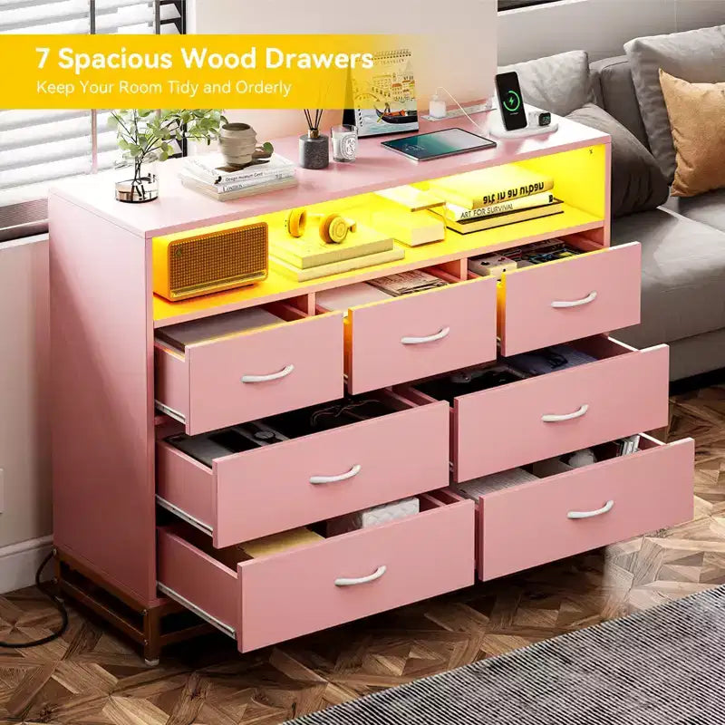 Dresser for bedroom, Modern Dresser w/LED Lights & Charging Station, 7 Long Drawers Dressers, Wide Fabric Chest of Drawers for Living Room