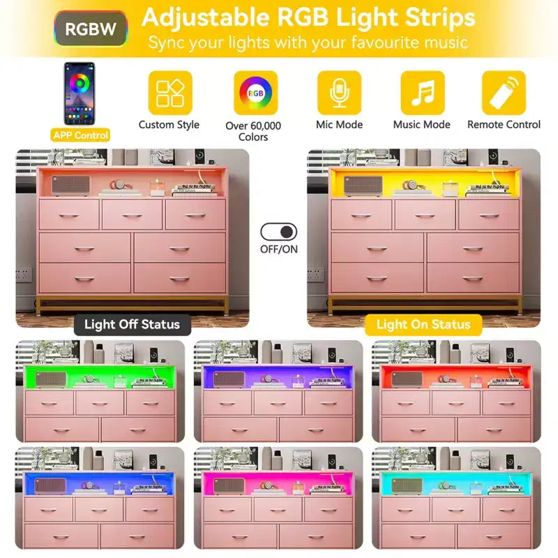 Dresser for bedroom, Modern Dresser w/LED Lights & Charging Station, 7 Long Drawers Dressers, Wide Fabric Chest of Drawers for Living Room