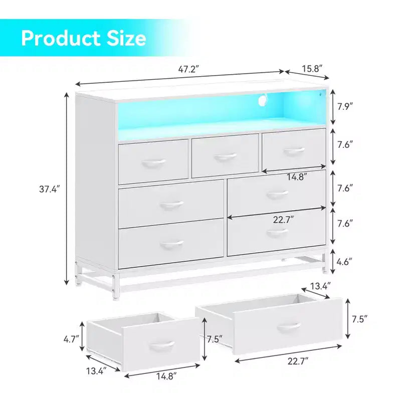 Dresser for bedroom, Modern Dresser w/LED Lights & Charging Station, 7 Long Drawers Dressers, Wide Fabric Chest of Drawers for Living Room