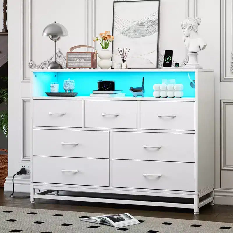 Dresser for bedroom, Modern Dresser w/LED Lights & Charging Station, 7 Long Drawers Dressers, Wide Fabric Chest of Drawers for Living Room