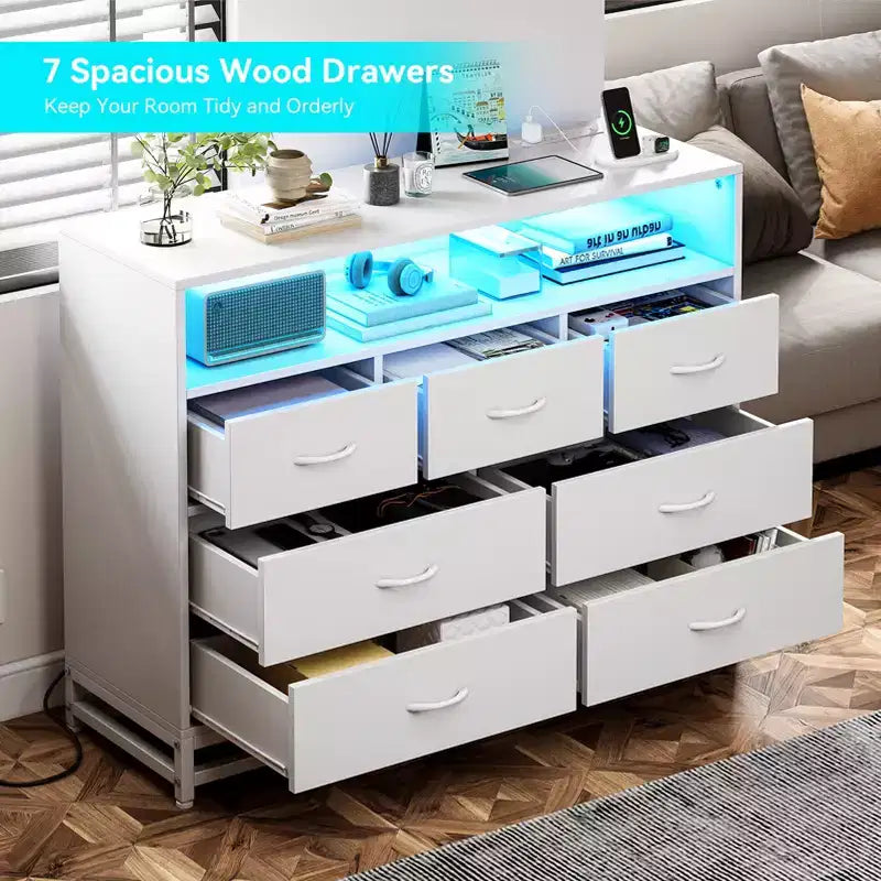 Dresser for bedroom, Modern Dresser w/LED Lights & Charging Station, 7 Long Drawers Dressers, Wide Fabric Chest of Drawers for Living Room