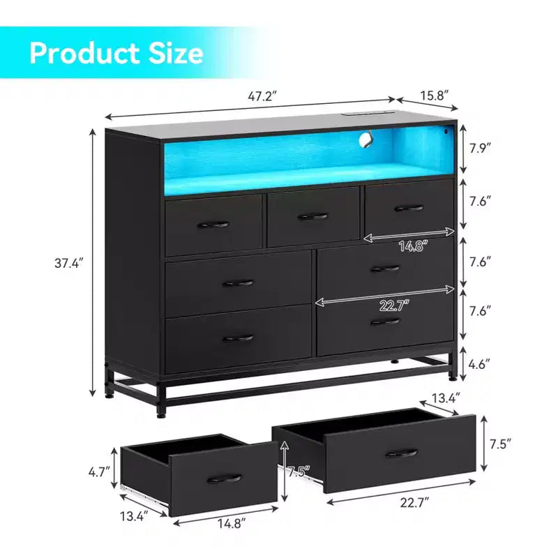 Dresser for bedroom, Modern Dresser w/LED Lights & Charging Station, 7 Long Drawers Dressers, Wide Fabric Chest of Drawers for Living Room