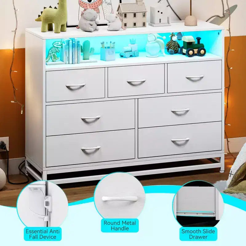 Dresser for bedroom, Modern Dresser w/LED Lights & Charging Station, 7 Long Drawers Dressers, Wide Fabric Chest of Drawers for Living Room