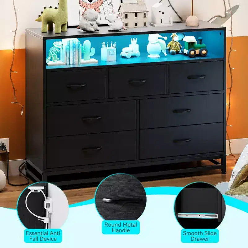 Dresser for bedroom, Modern Dresser w/LED Lights & Charging Station, 7 Long Drawers Dressers, Wide Fabric Chest of Drawers for Living Room
