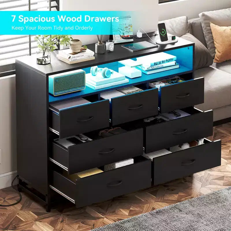 Dresser for bedroom, Modern Dresser w/LED Lights & Charging Station, 7 Long Drawers Dressers, Wide Fabric Chest of Drawers for Living Room