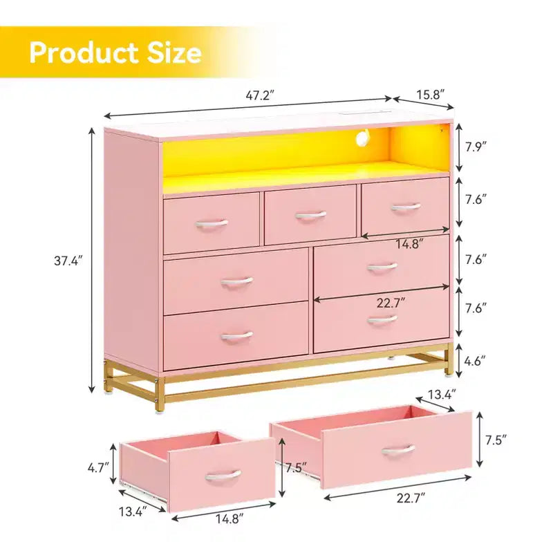 Dresser for bedroom, Modern Dresser w/LED Lights & Charging Station, 7 Long Drawers Dressers, Wide Fabric Chest of Drawers for Living Room