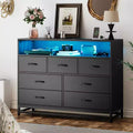 Dresser for bedroom, Modern Dresser w/LED Lights & Charging Station, 7 Long Drawers Dressers, Wide Fabric Chest of Drawers for Living Room