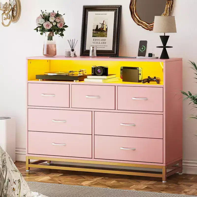 Dresser for bedroom, Modern Dresser w/LED Lights & Charging Station, 7 Long Drawers Dressers, Wide Fabric Chest of Drawers for Living Room