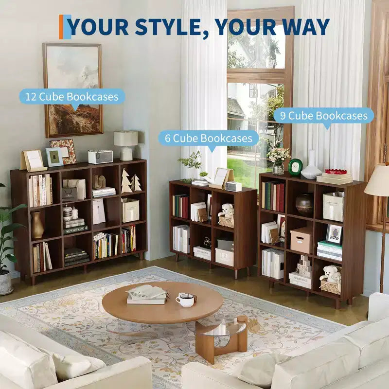 Cube Bookcase, 3-Tier Open Bookshelf with Wood Finish, Modern Storage Organizer for Home Office Living Room Bedroom